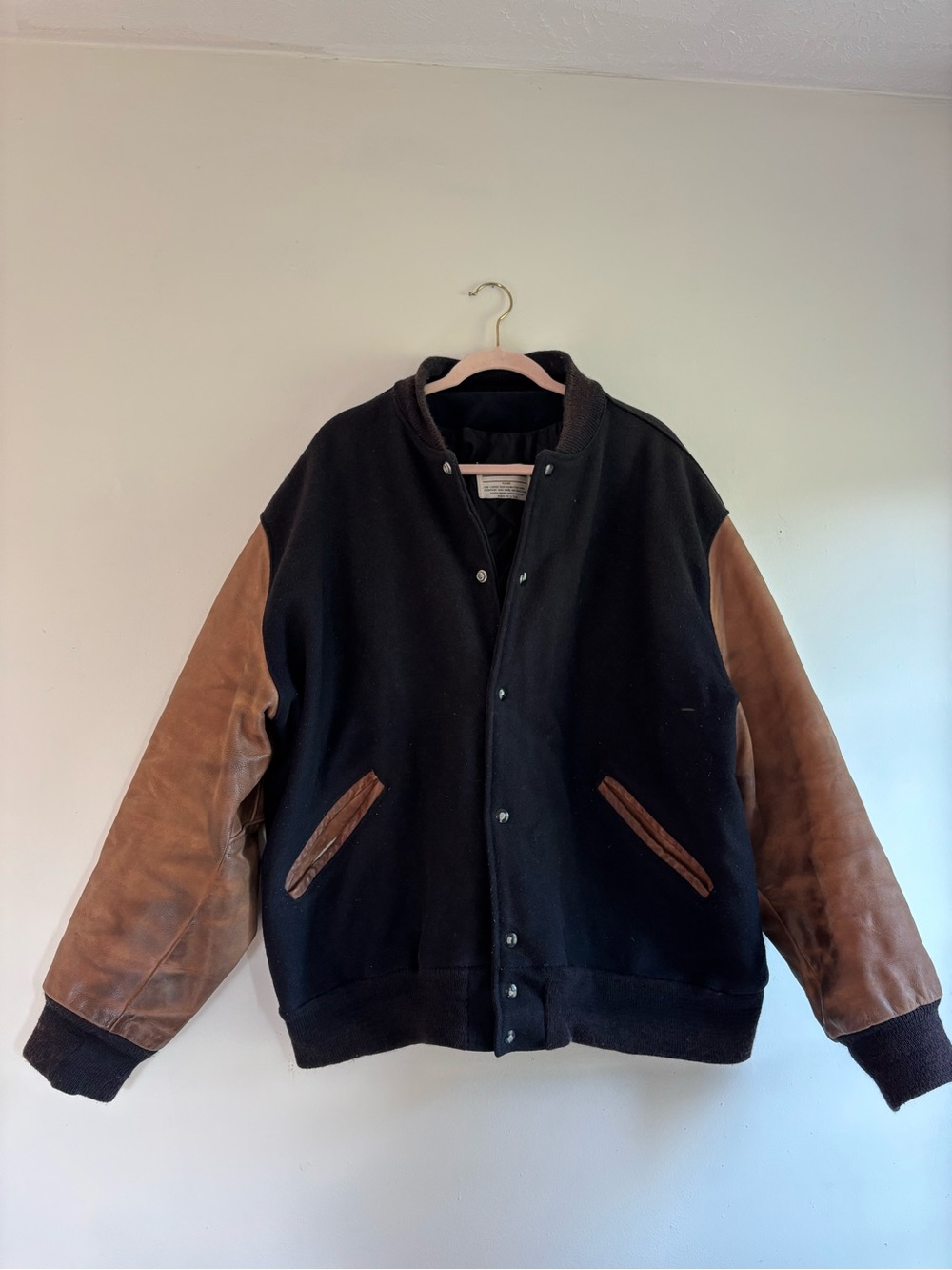 Men's DeLong Vintage Varsity Jacket - Black Body with Brown Leather Sleeves